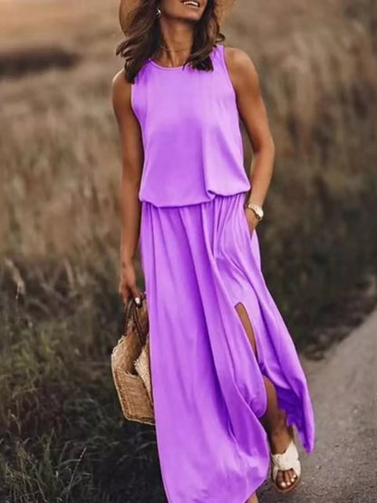Hazel Blues® | Round Neck Sleeveless Slit Maxi Dress