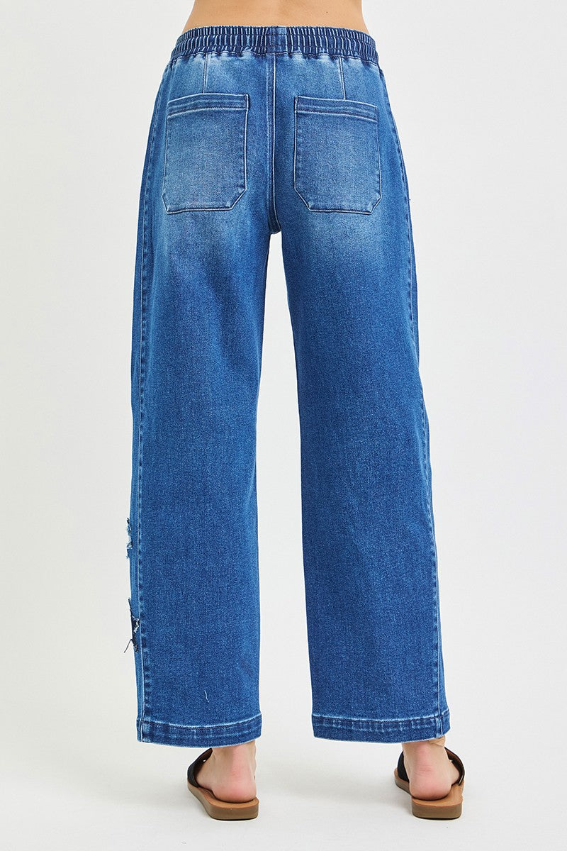 Hazel Blues® |  RISEN Elastic Band Slouchy Cropped Barrel with Star Patch