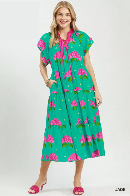 Hazel Blues® |  Umgee Hydrangea Print Tiered Midi Dress