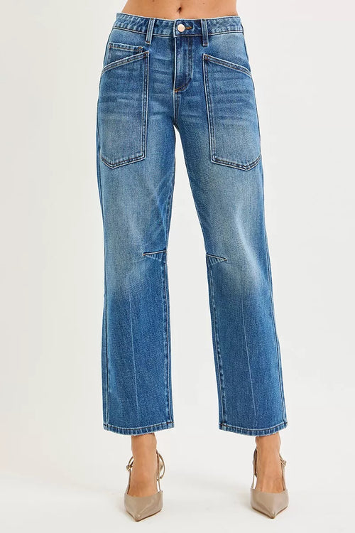 Hazel Blues® |  RISEN 4 Way Stretch Mid Rise Barrel Jeans with Patch Pocket Detail