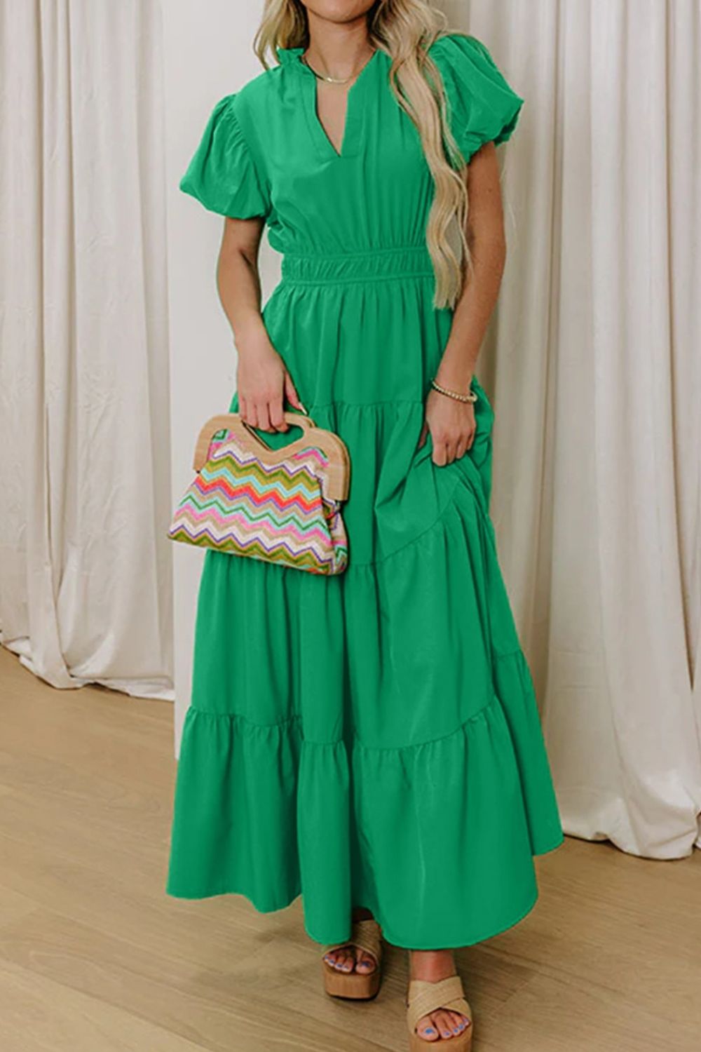 Hazel Blues® |  Elegant Ruffled Tiered Puff Sleeve Maxi Dress