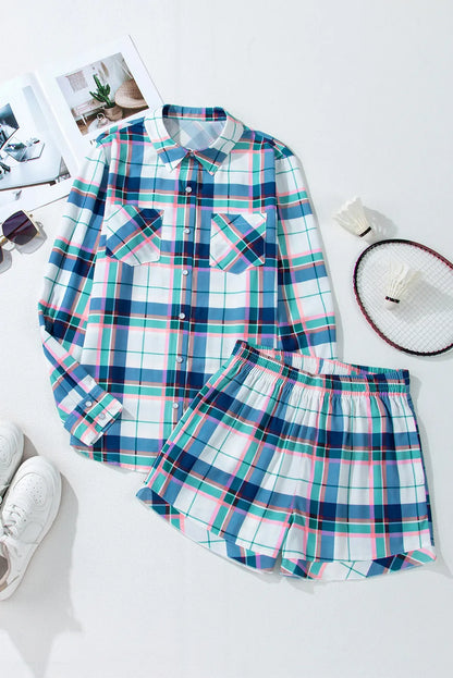 Hazel Blues® |  Plaid Snap Down Long Sleeve Top and Shorts Lounge Set