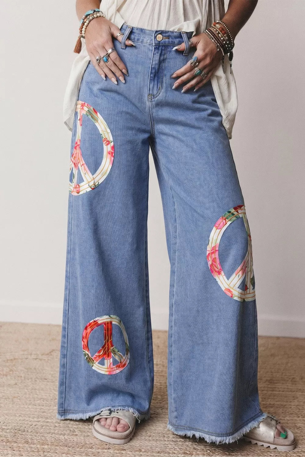 Hazel Blues® |  Floral Peace Sign Wide Leg Jeans