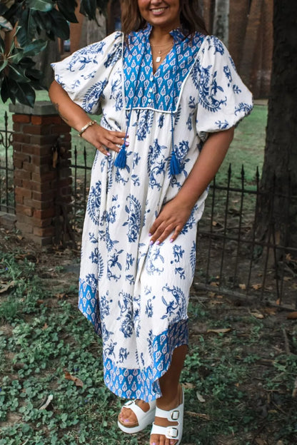 Hazel Blues® |  Floral Print Contrast Boho Patchwork V Neck Loose Midi Dress