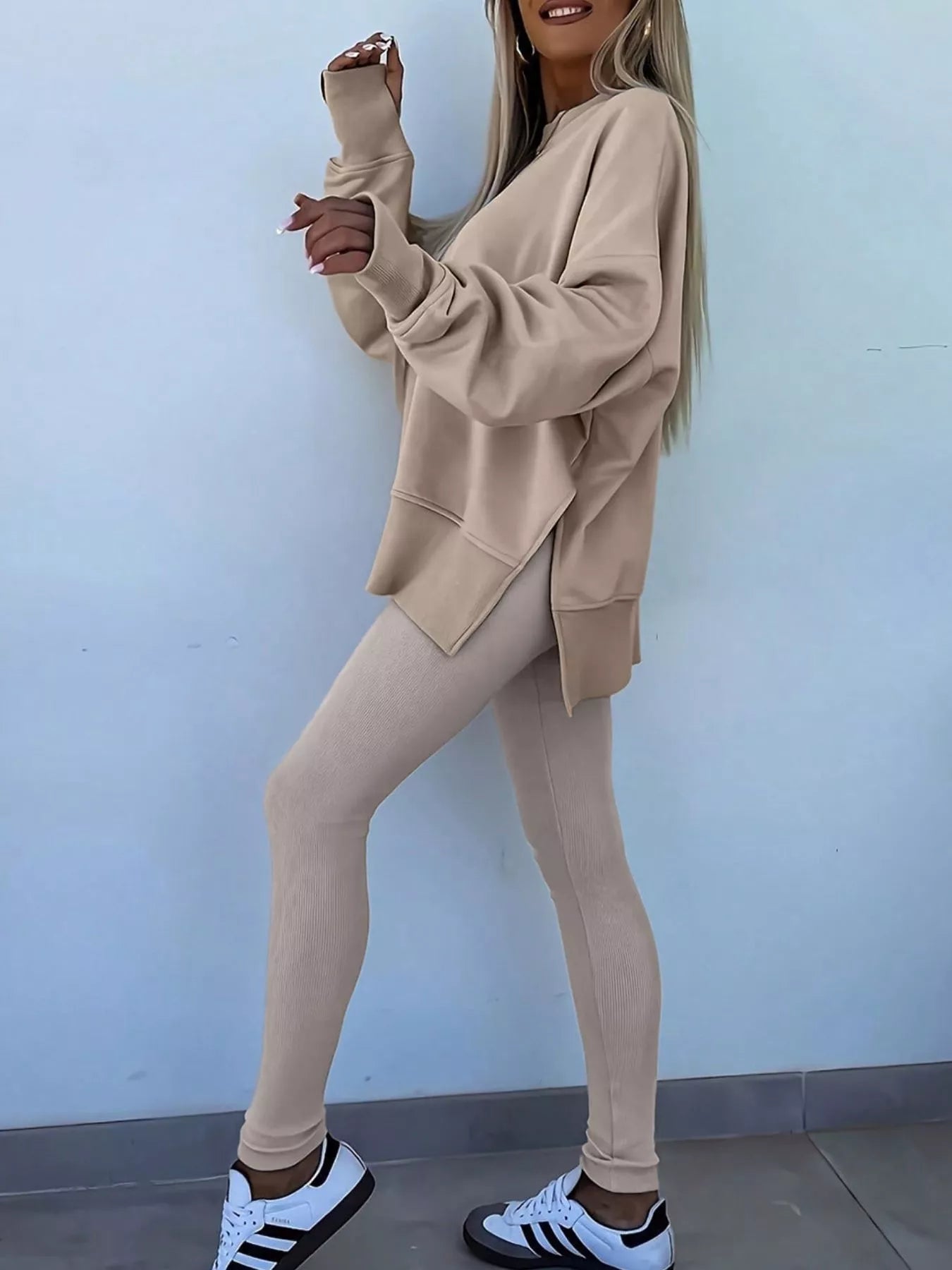 Hazel Blues® |  Solid Color Oversize Slit Sweatshirt and Ribbed Leggings 2pcs Set