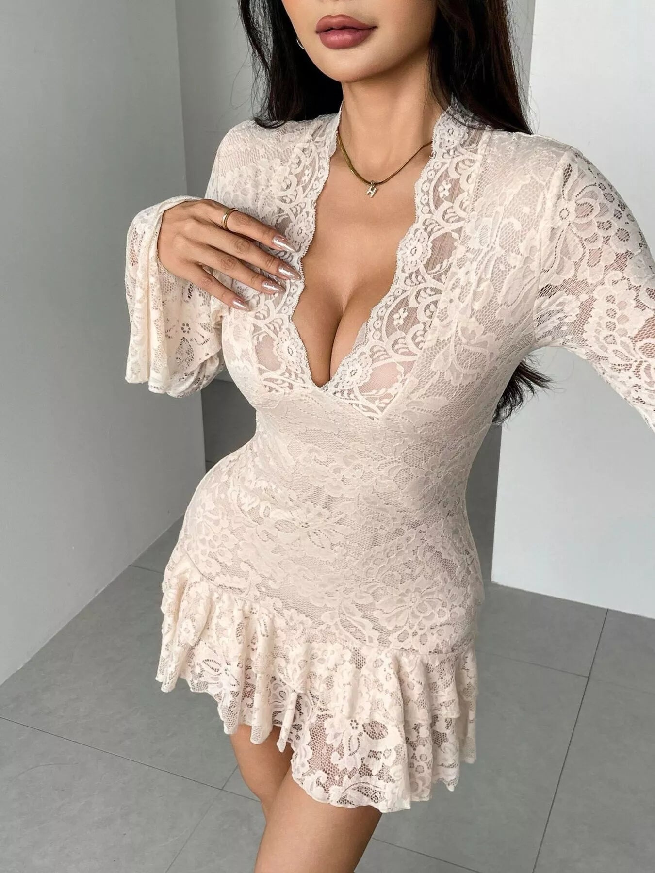 Hazel Blues® |  Lace Ruffle Hem Mini Dress