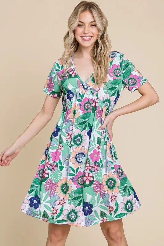 Hazel Blues® |  BOMBOM Ruched Floral V-Neck Short Sleeve Dress