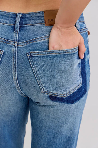 Hazel Blues® | Judy Blue Mid Rise Bf Patch & Repair Destroy Release Hem Jeans