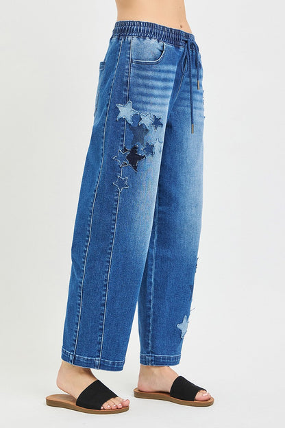 Hazel Blues® |  RISEN Elastic Band Slouchy Cropped Barrel with Star Patch