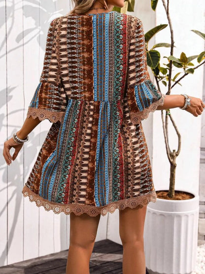 Hazel Blues® |  Lace Trim Printed V-Neck 3/4 Sleeve Dress