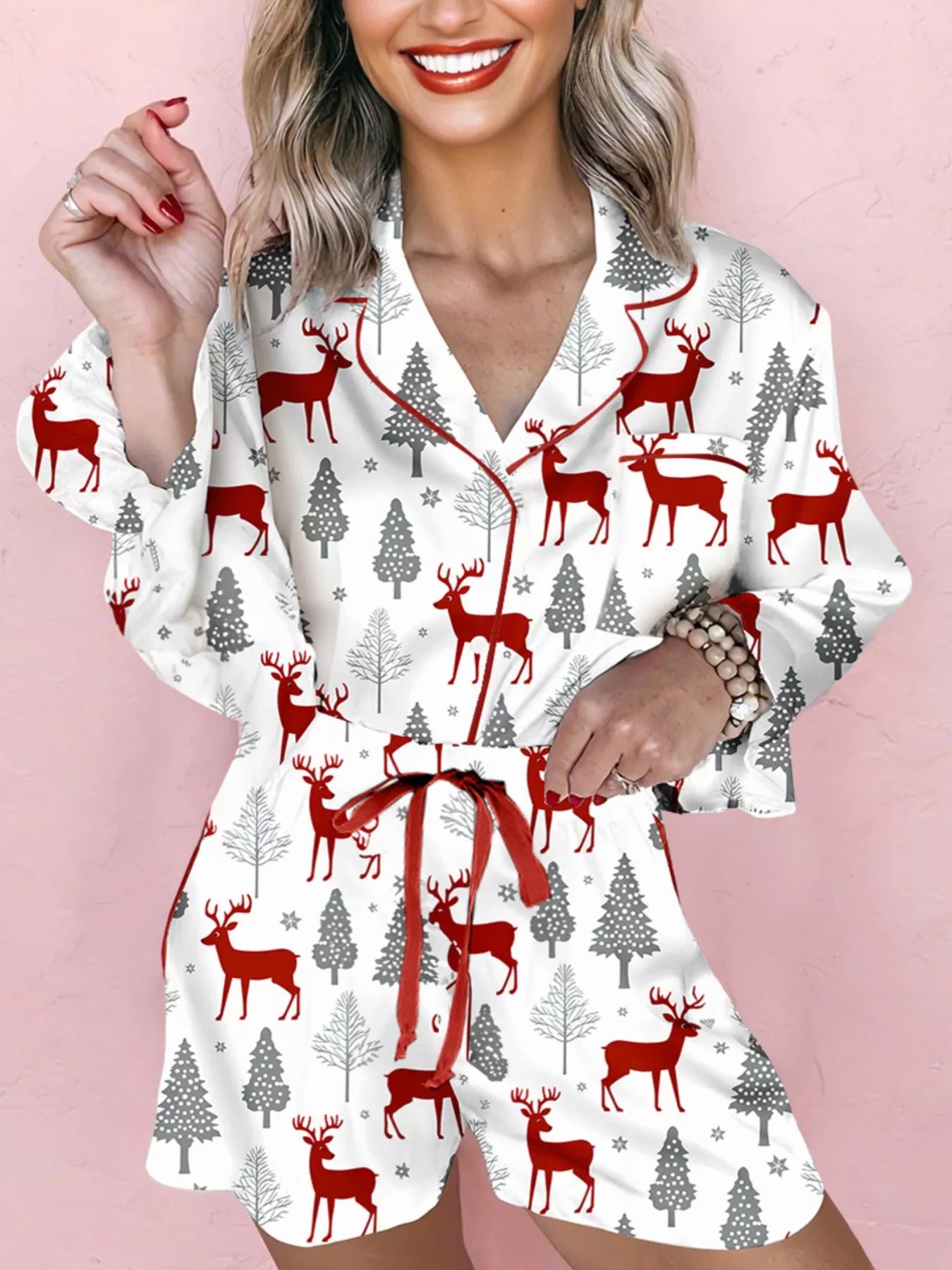 Hazel Blues® |  Christmas Fashion Print Velvet Trim Top and Shorts Pajama 2pcs Set