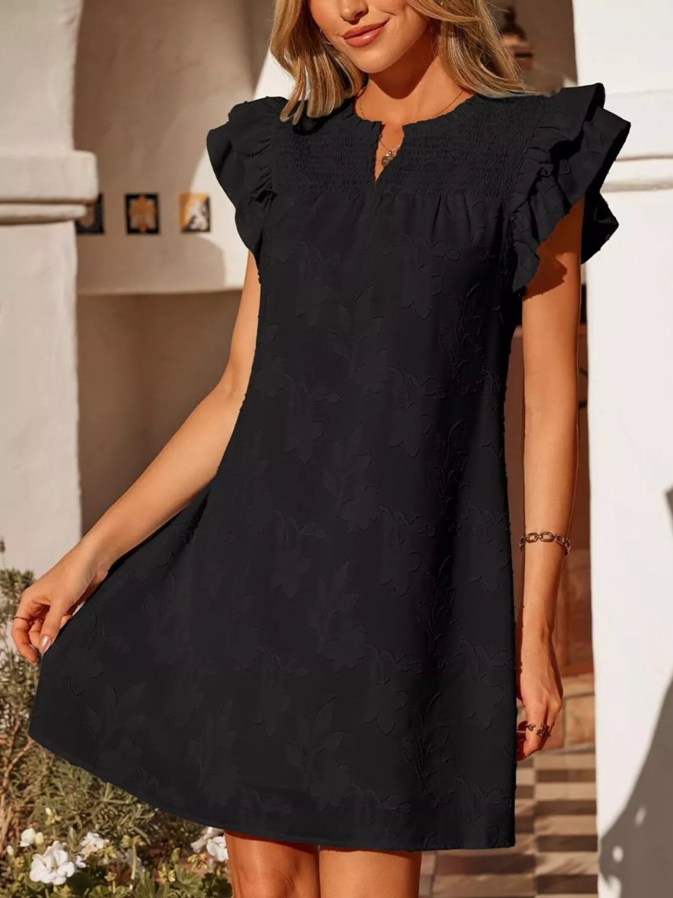Hazel Blues® |  Floral Embossed Ruffle Sleeve Mini Dress