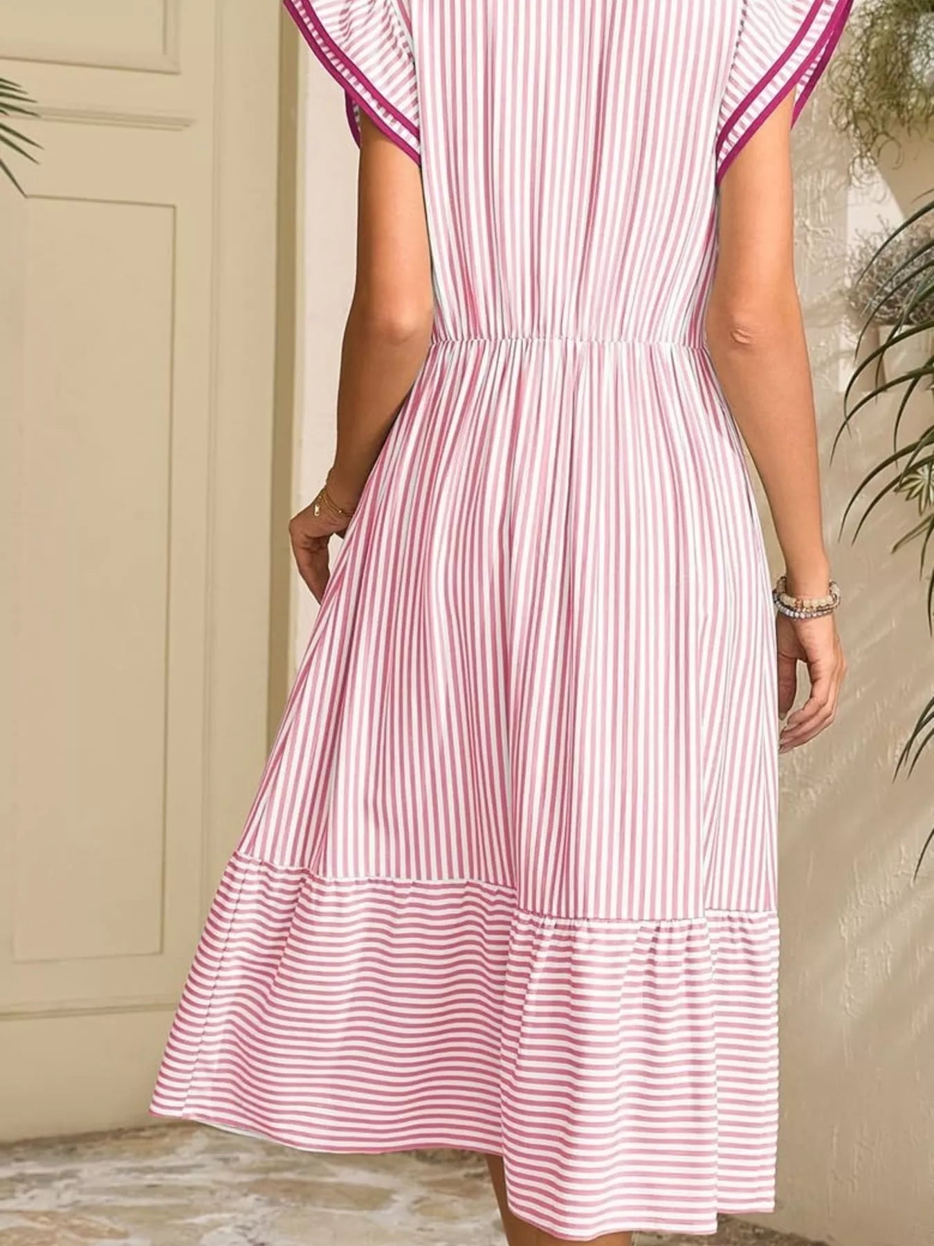 Hazel Blues® |  Striped Notched Ruffle Sleeve Dress