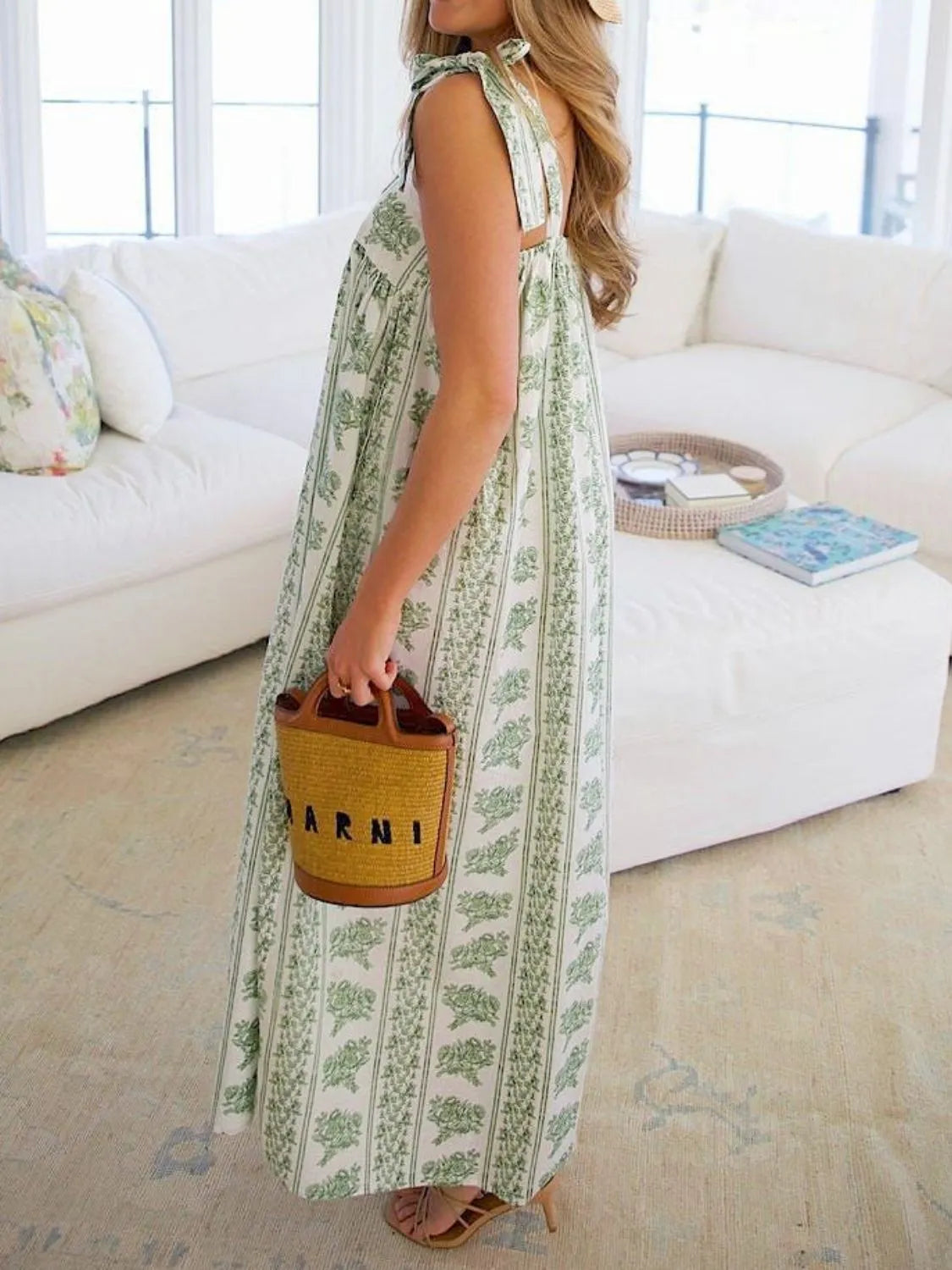 Hazel Blues® |  Printed Tie Shoulder Square Neck Midi Dress