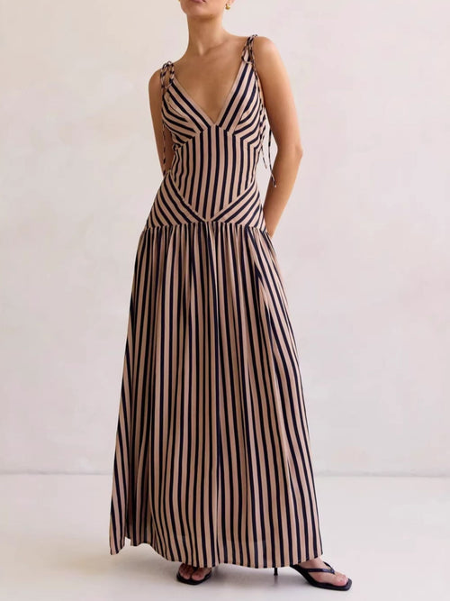 Hazel Blues® |  Striped V-Neck Tie-Shoulder Maxi Dress