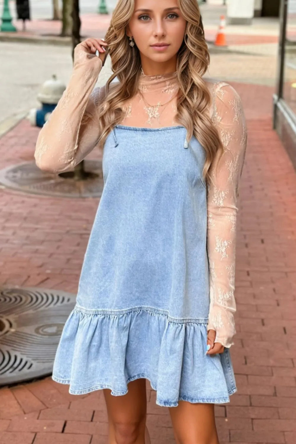 Hazel Blues® |  Bow Detail Spaghetti Straps Ruffle Hem Denim Dress