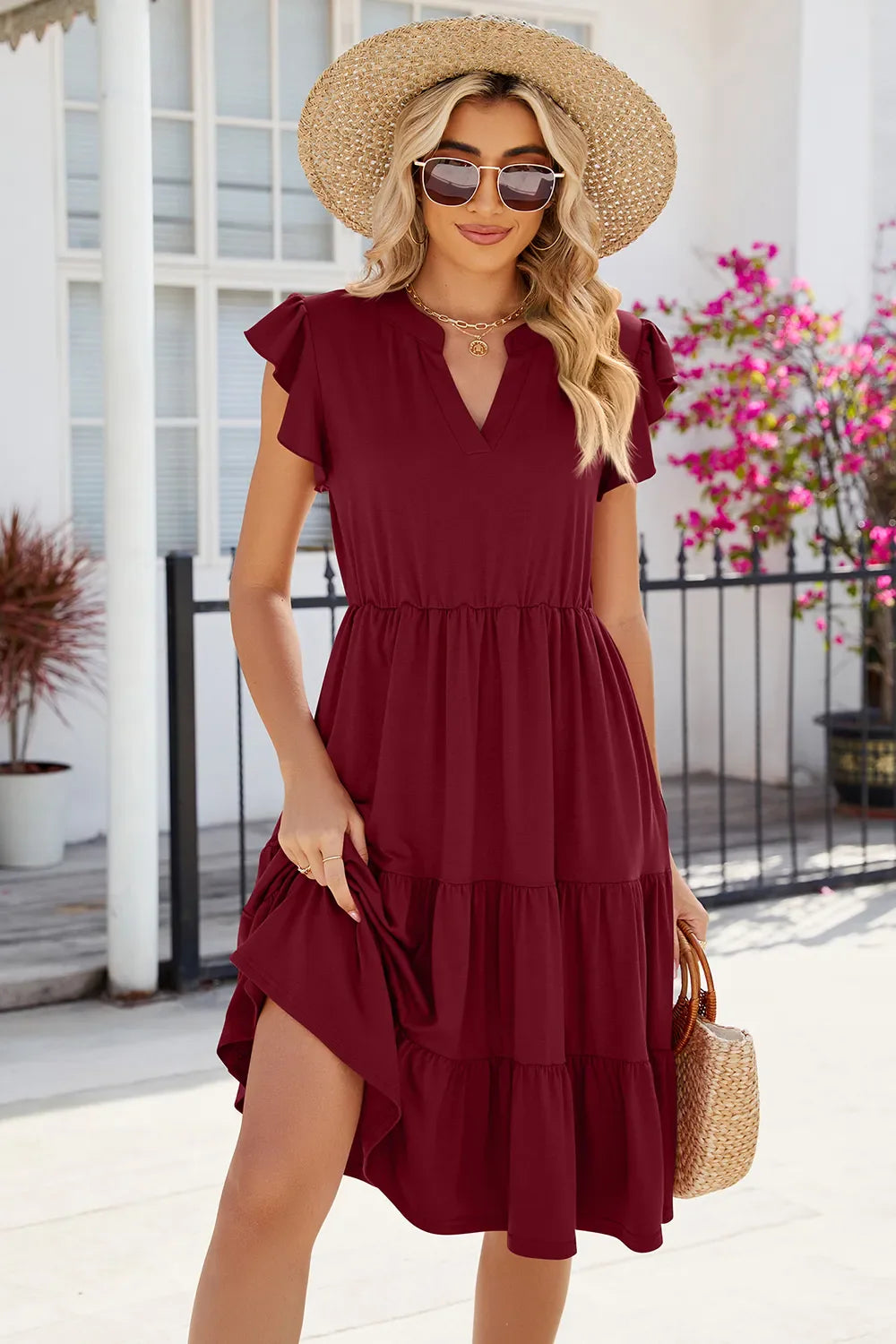 Hazel Blues® |  Ruched Notched Cap Sleeve Dress