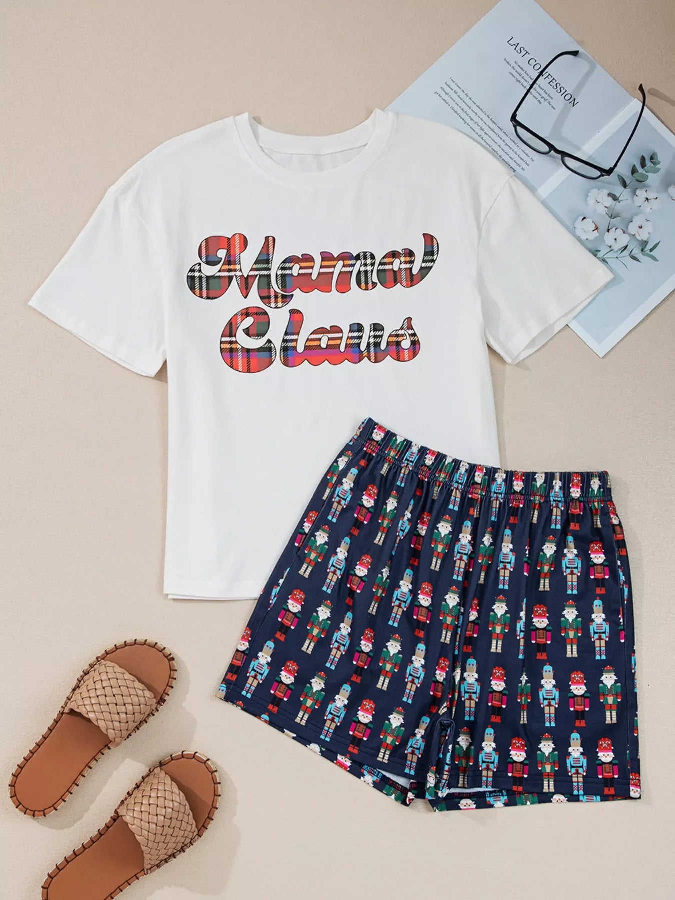 Hazel Blues® |  Mama Claus Plaid Letter Tee and Nutcracker Shorts 2pcs Lounge Set