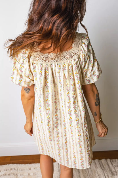 Hazel Blues® |  Multicolour Floral Print Contrast Ribbon Bow Lace Trim Square Neck Mini Dress