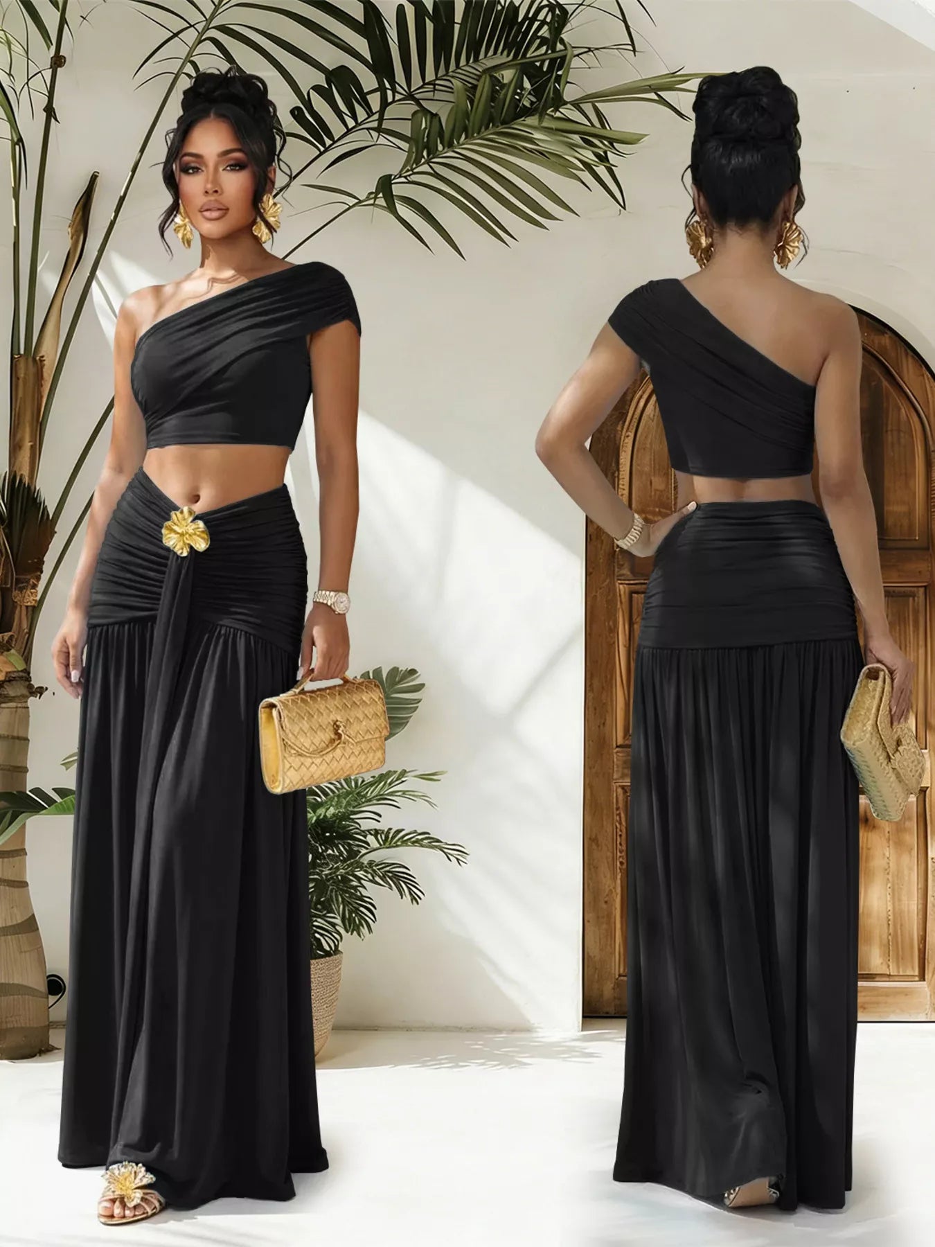 Hazel Blues® |  One-Shoulder Top and Ruched Maxi Skirt Set