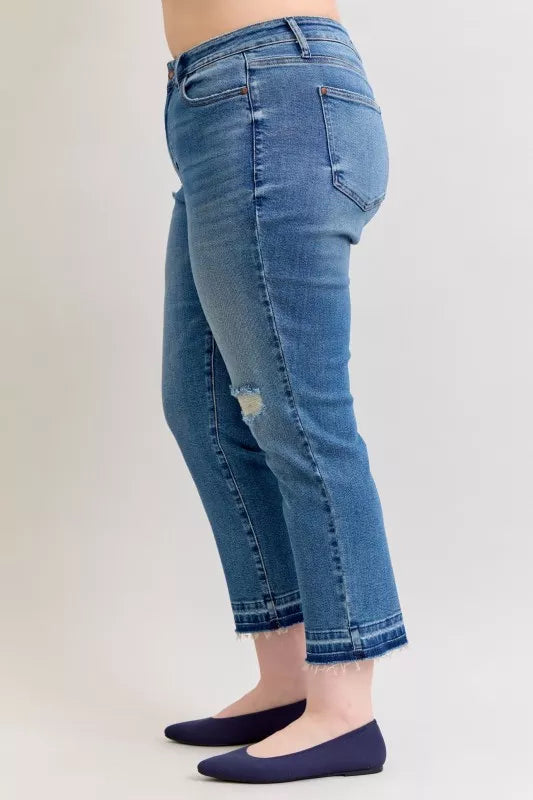 Hazel Blues® | Judy Blue Mid Rise Bf Patch & Repair Destroy Release Hem Jeans