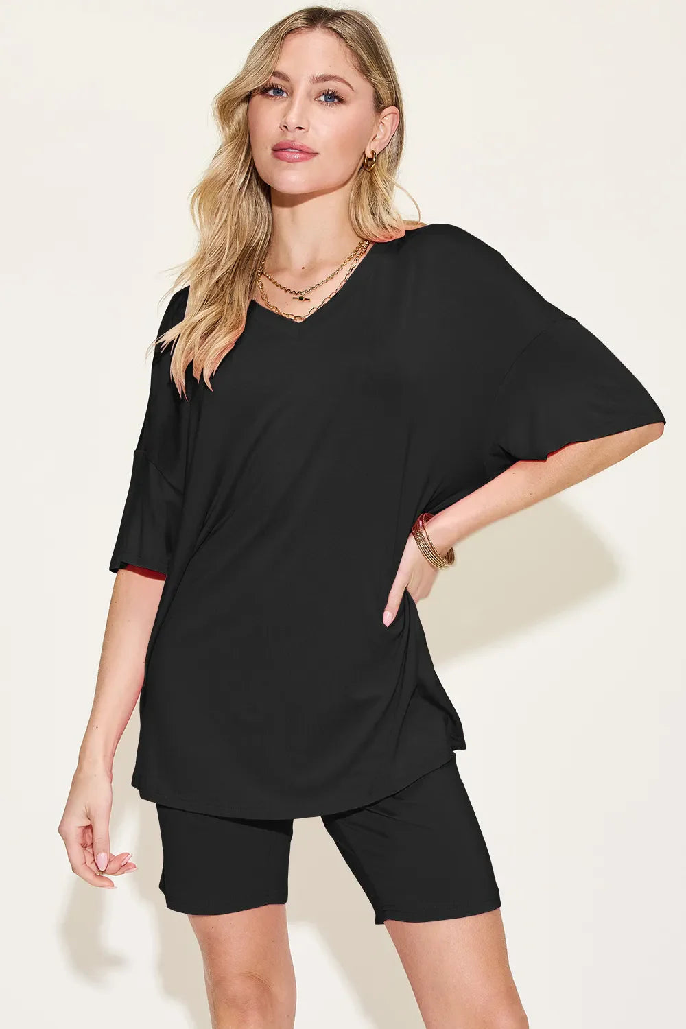 Hazel Blues® |  Basic Bae Bamboo V-Neck Drop Shoulder T-Shirt and Shorts Set