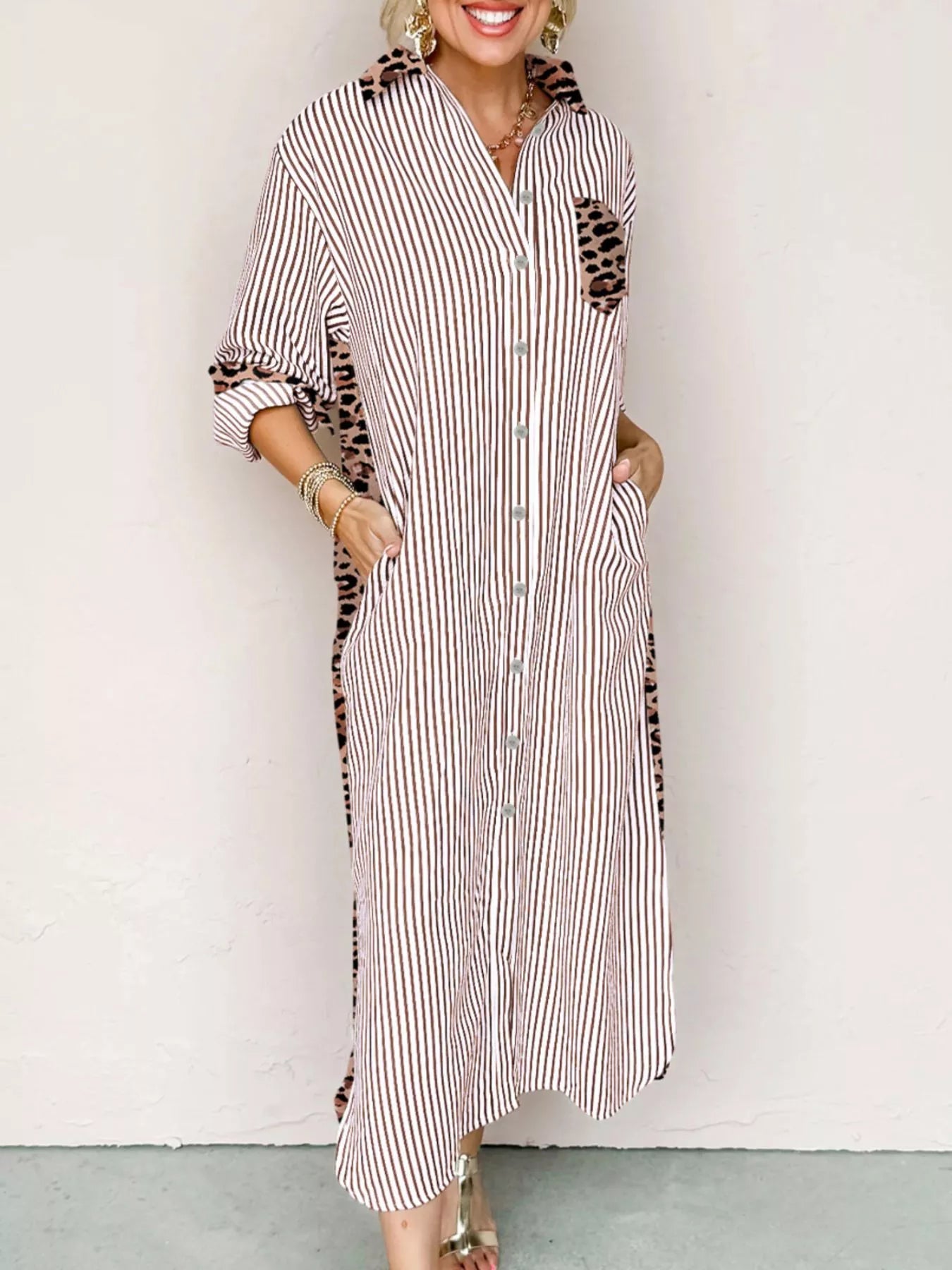 Hazel Blues® |  Striped Leopard Print Button Up Shirt Dress