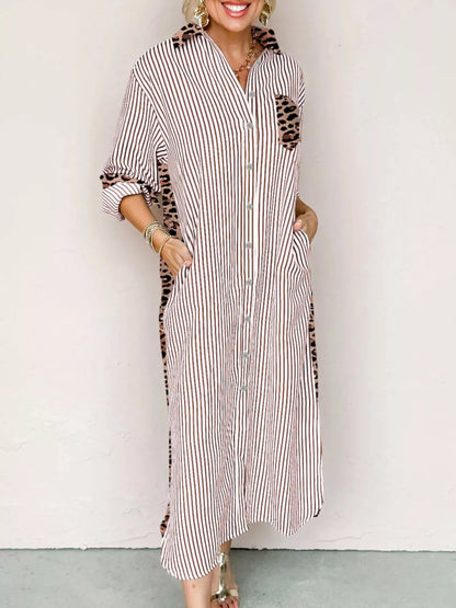 Hazel Blues® |  Striped Leopard Print Button Up Shirt Dress
