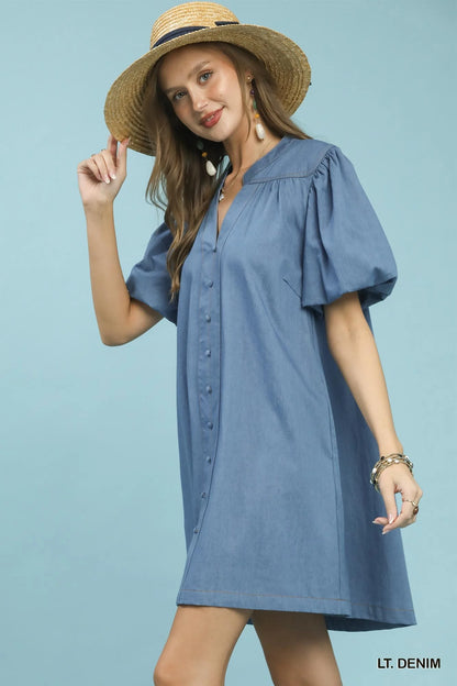 Hazel Blues® |  Umgee Chambray Puff Sleeve Dress