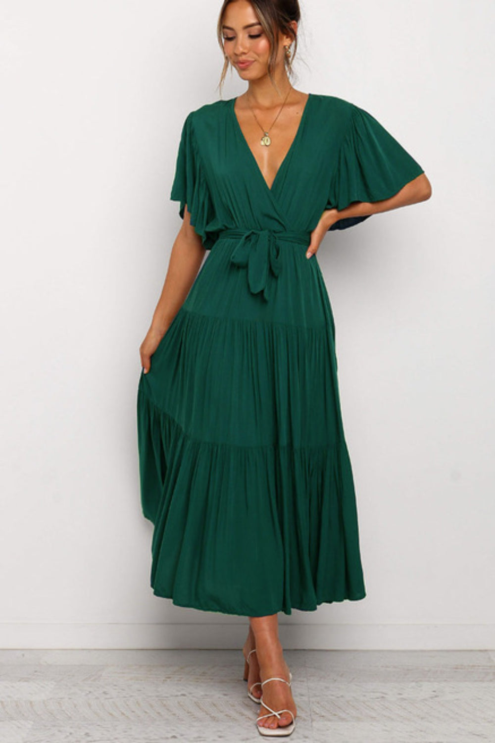 Hazel Blues® |  Front Tie Short Sleeve Tiered Midi Dress