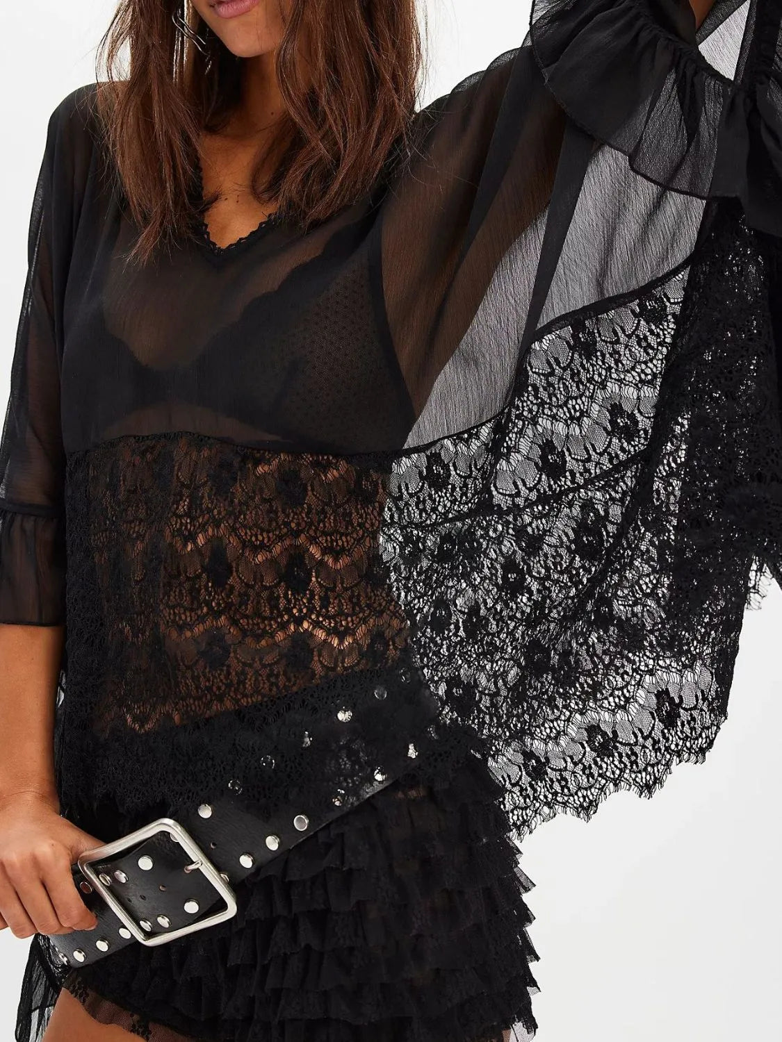 Hazel Blues® | Lace V-Neck Ruffle Long Sleeve Cover-Up