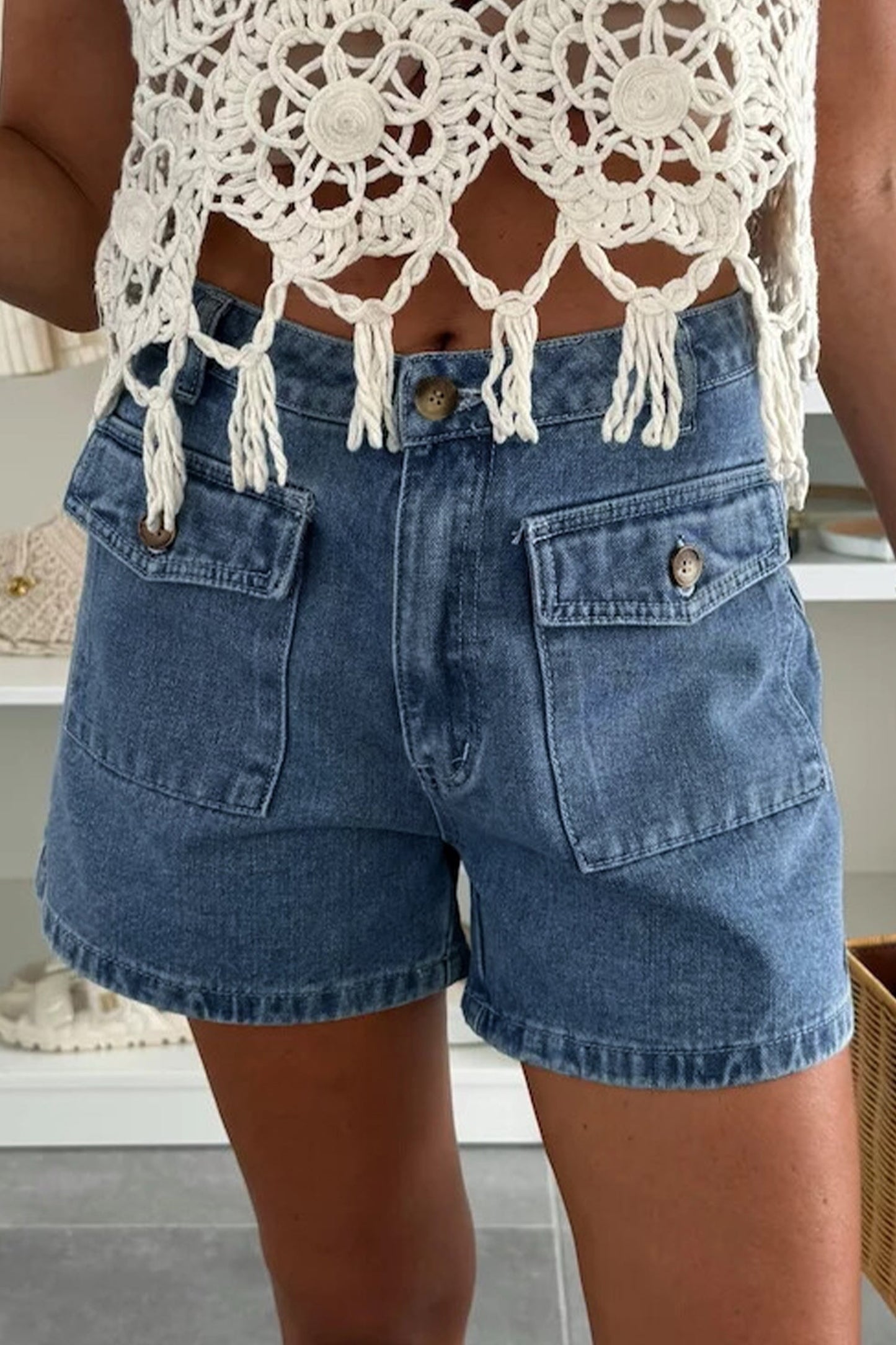 Hazel Blues® |  Dusk Blue Flap Pockets Denim Shorts