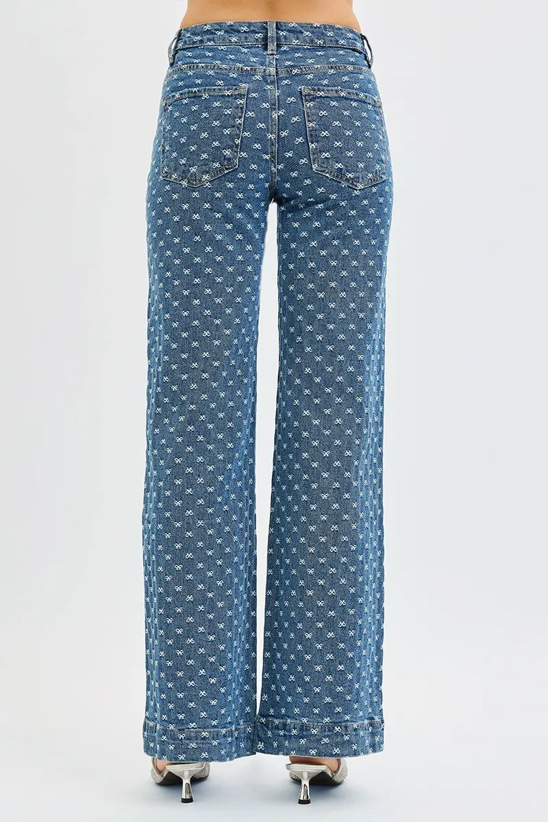 Hazel Blues® |  RISEN High Rise Wide Leg Bow Embroidered Jeans