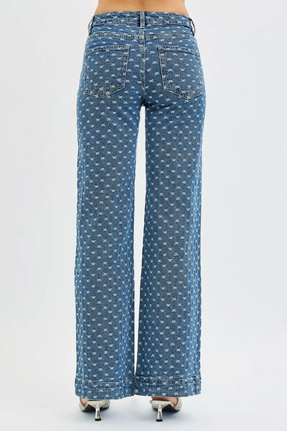 Hazel Blues® |  RISEN High Rise Wide Leg Bow Embroidered Jeans