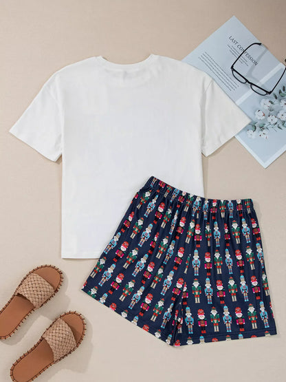 Hazel Blues® |  Mama Claus Plaid Letter Tee and Nutcracker Shorts 2pcs Lounge Set
