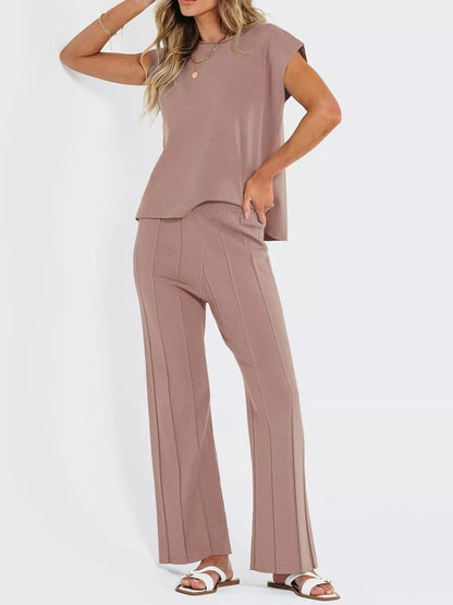 Hazel Blues® |  Casual Solid Color Cap Sleeve Top and Pants Knit Set