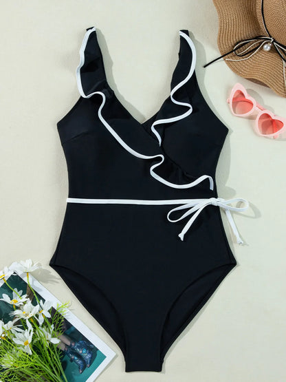 Hazel Blues® | Ruffle Trim V-Neck One-Piece Swimsuit
