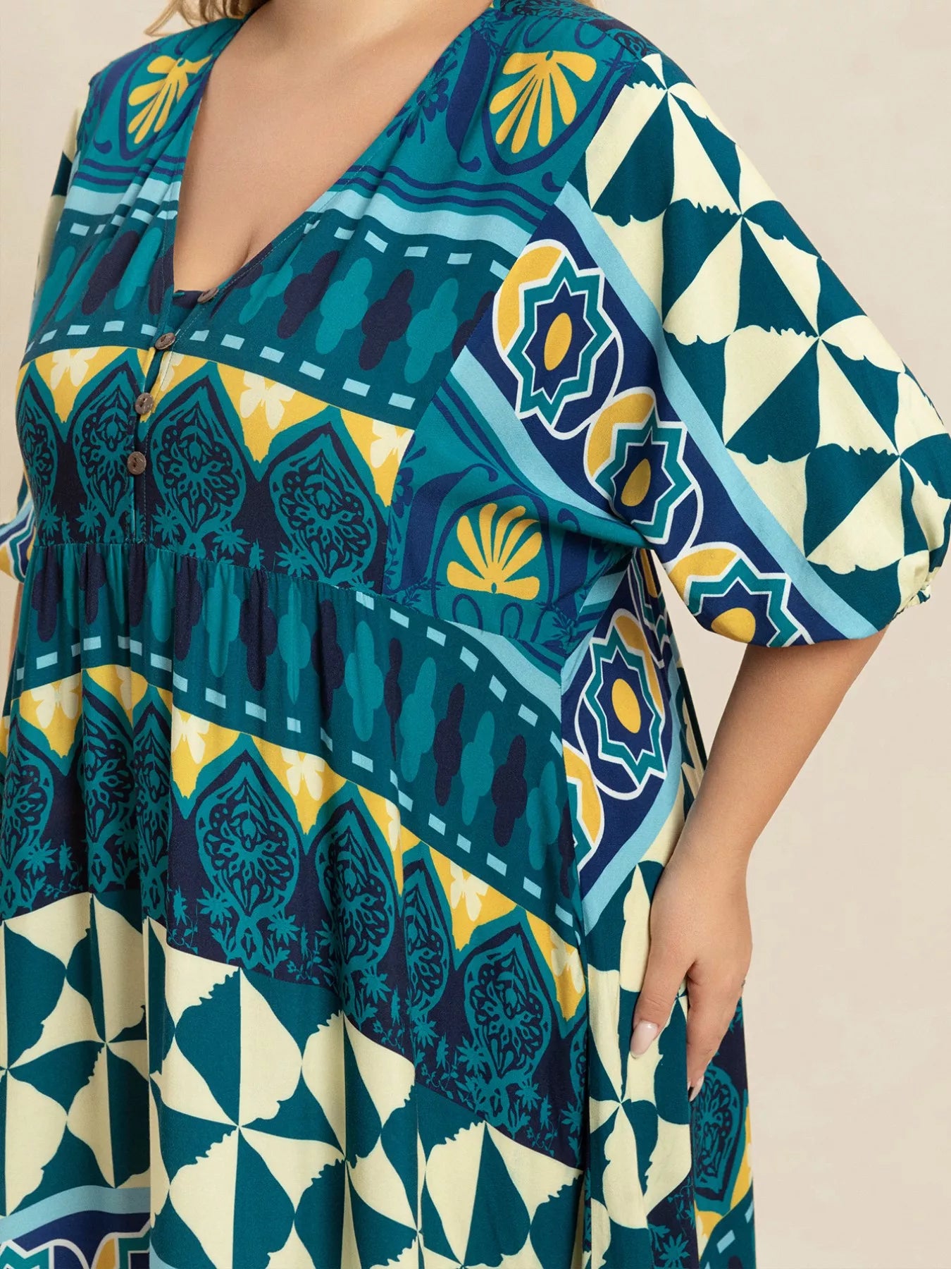 Hazel Blues® | Printed V-Neck Half Sleeve Midi Dress