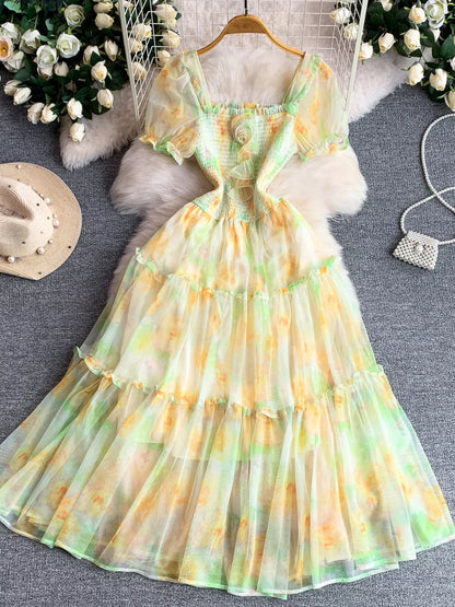 Hazel Blues® |  Smocked Floral Tiered Mesh Midi Dress