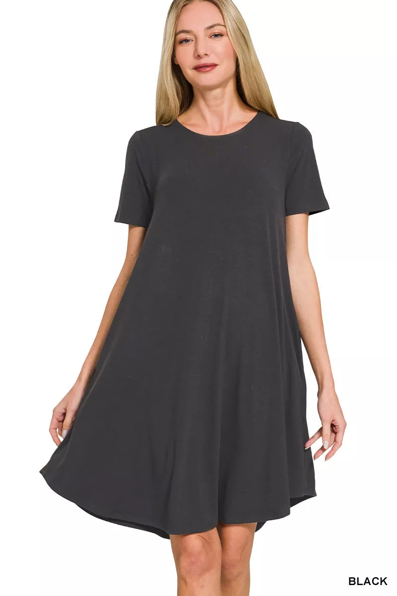 Hazel Blues® |  Zenana Short Sleeve Round Hem A-line Dress with Side Pockets