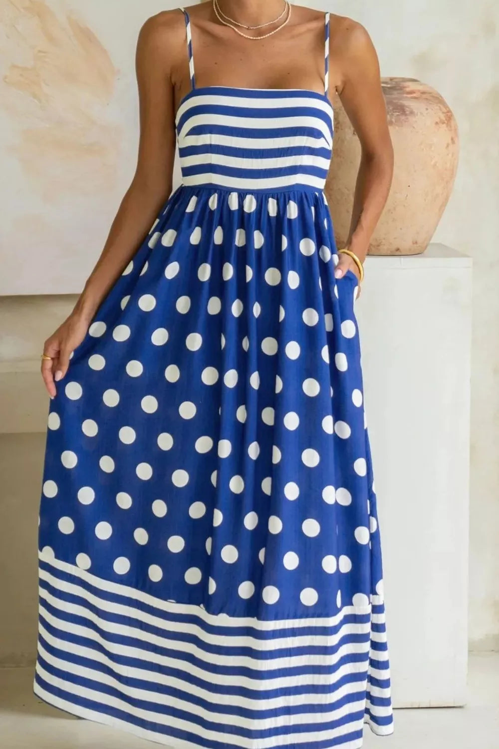 Hazel Blues® |  Striped Polka Dot Patchwork High Waist Spaghetti Straps Maxi Dress