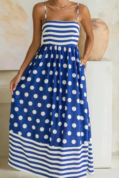 Hazel Blues® |  Striped Polka Dot Patchwork High Waist Spaghetti Straps Maxi Dress