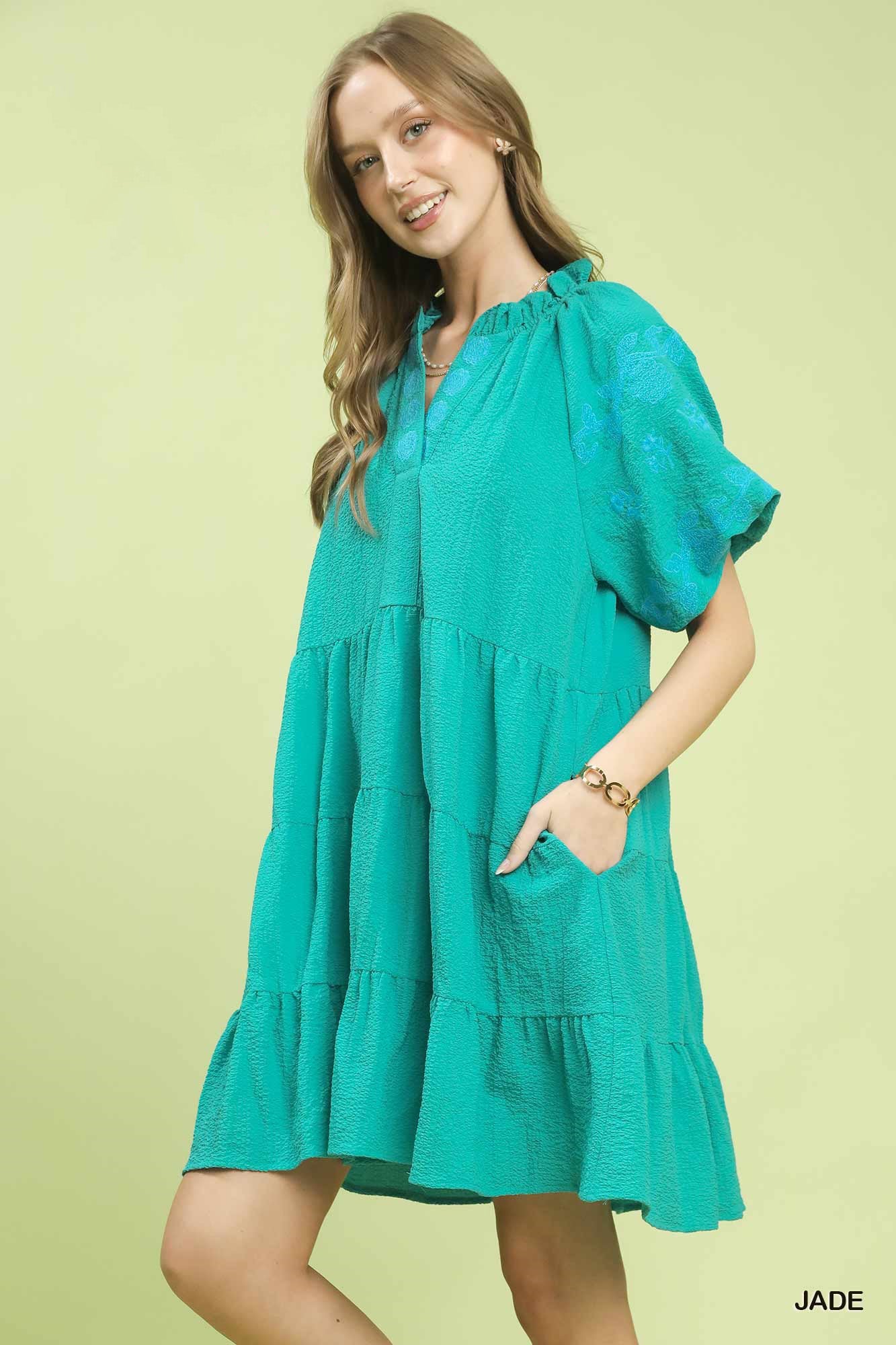 Hazel Blues® |  Umgee Embroidered Tiered Puff Sleeve Mini Dress