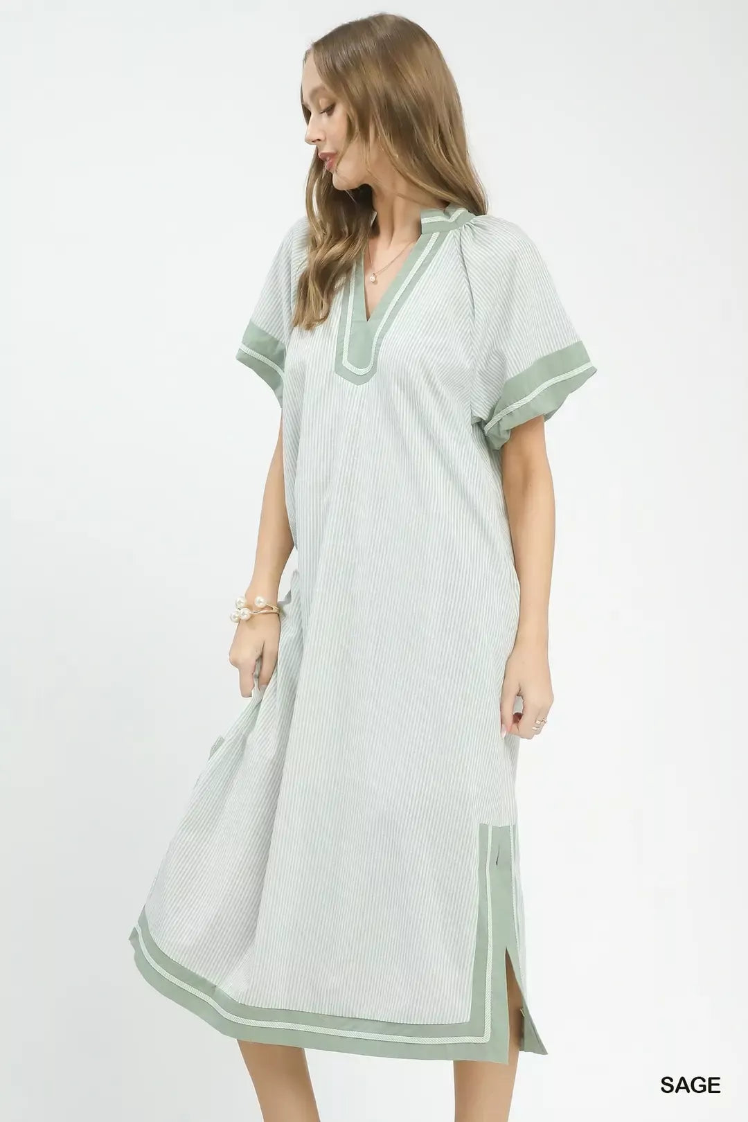 Hazel Blues® |  Umgee Pinstripe Contrast Trim Midi Dress