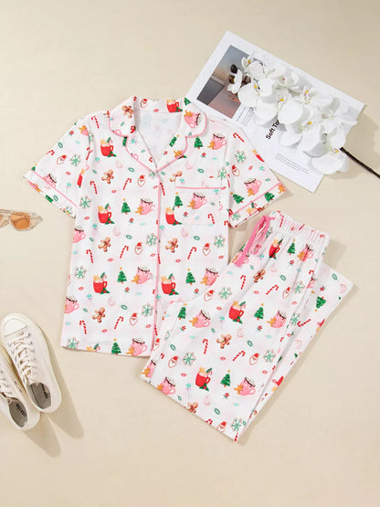 Hazel Blues® |  Christmas Spirit Cute Holiday Print Short Sleeve Shirt and Pants 2pcs Pajama Set