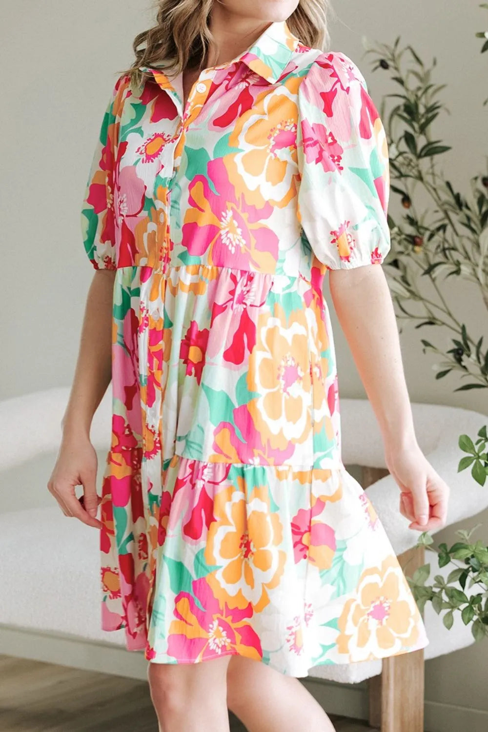 Hazel Blues® |  Button Down Floral Puff Sleeve Babydoll Dress