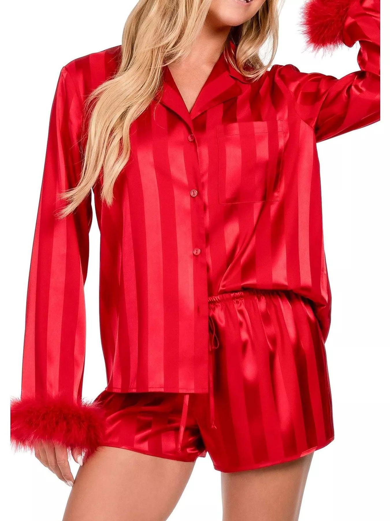 Hazel Blues® |  Striped Feather Trim Shirt and Shorts Lounge Set