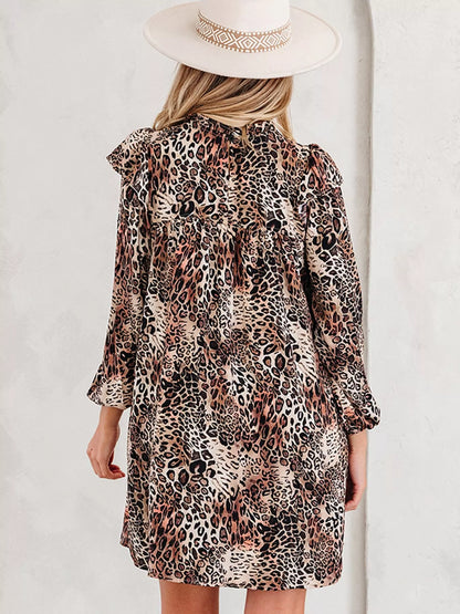 Hazel Blues® |  Leopard Ruffled Detail Long Sleeve Loose Mini Dress