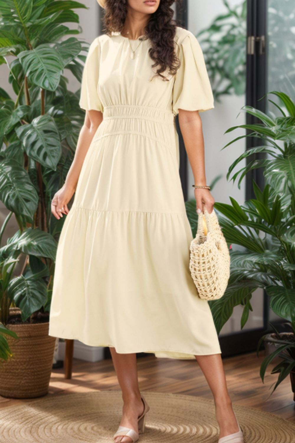 Hazel Blues® |  Puff Sleeve Pleated High Waist Flowy Midi Dress