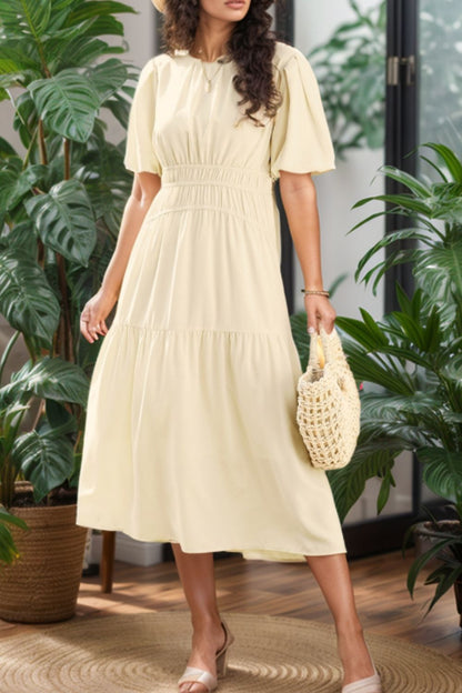 Hazel Blues® |  Puff Sleeve Pleated High Waist Flowy Midi Dress